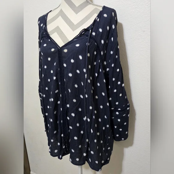CASLON Blue Boho Blouse White Polka Dots Long Sleeves Size XL - Picture 5 of 12
